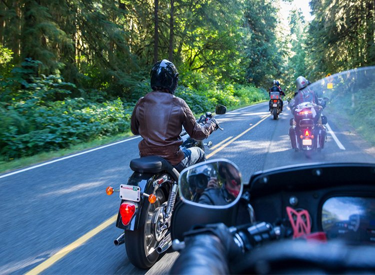 Point of view of motorcycle riding riding with group of 3 other riders through forest